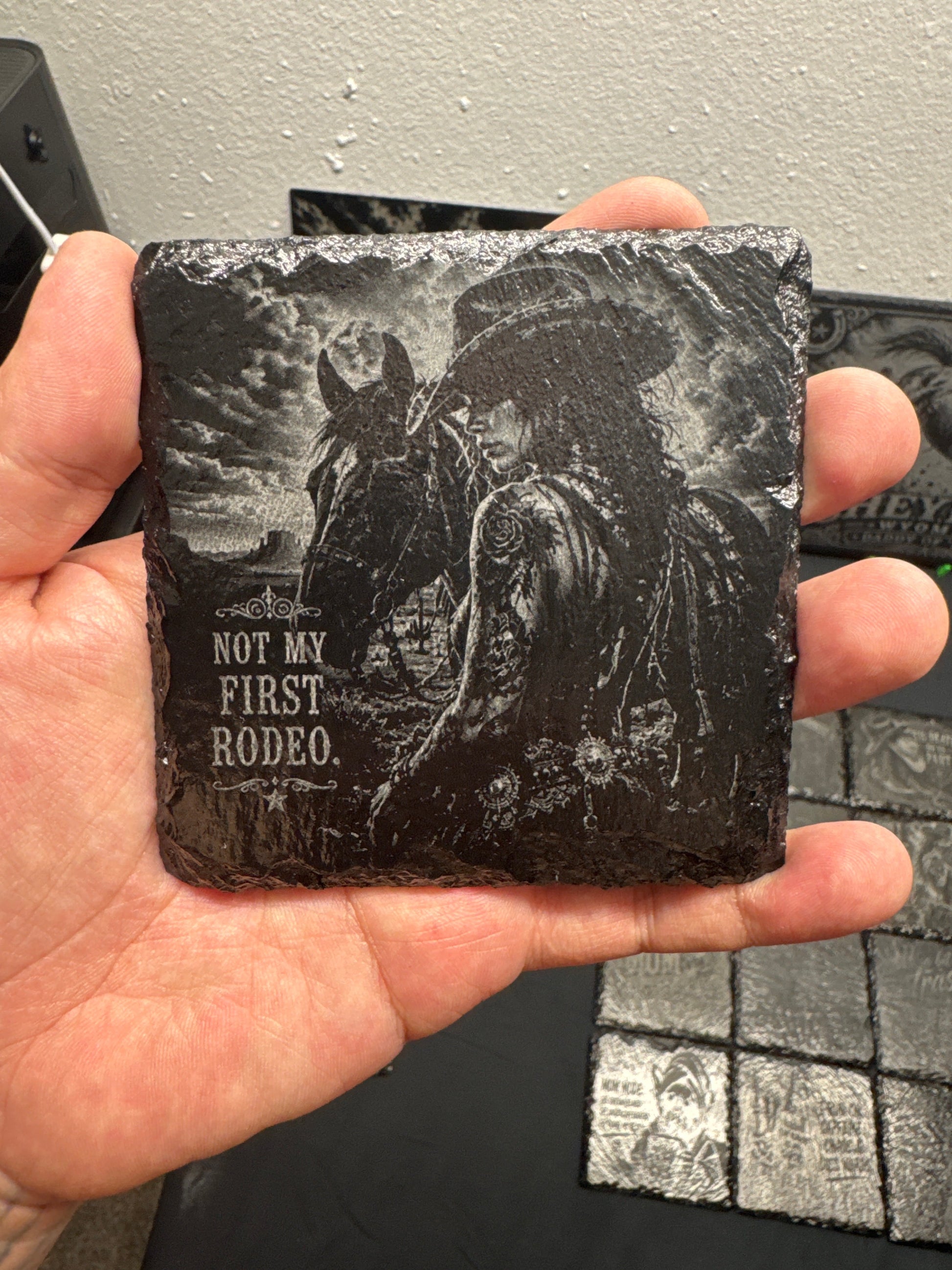 Engraved square slate coasters western designs
