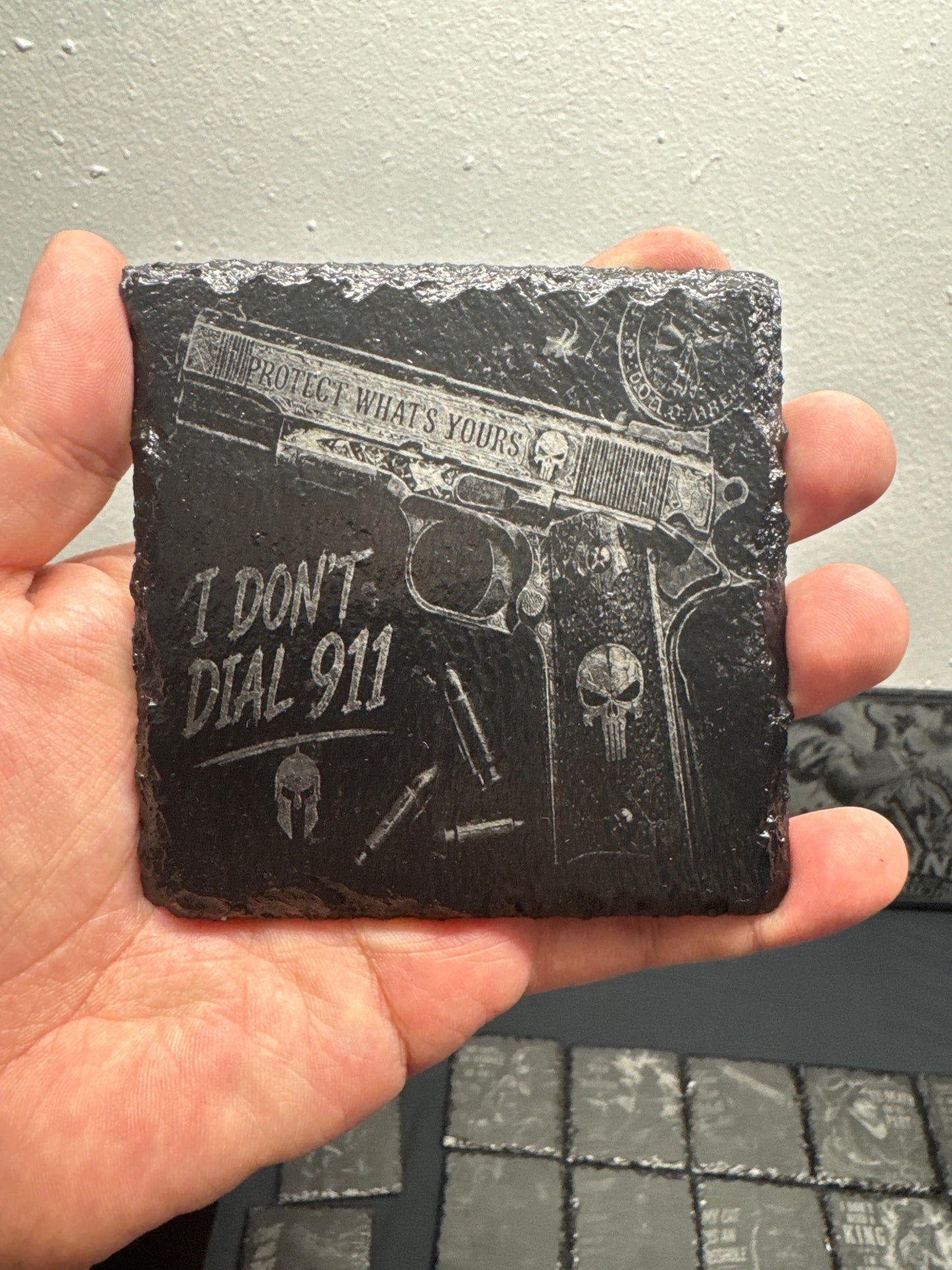 Square engraved slate coaster lineup