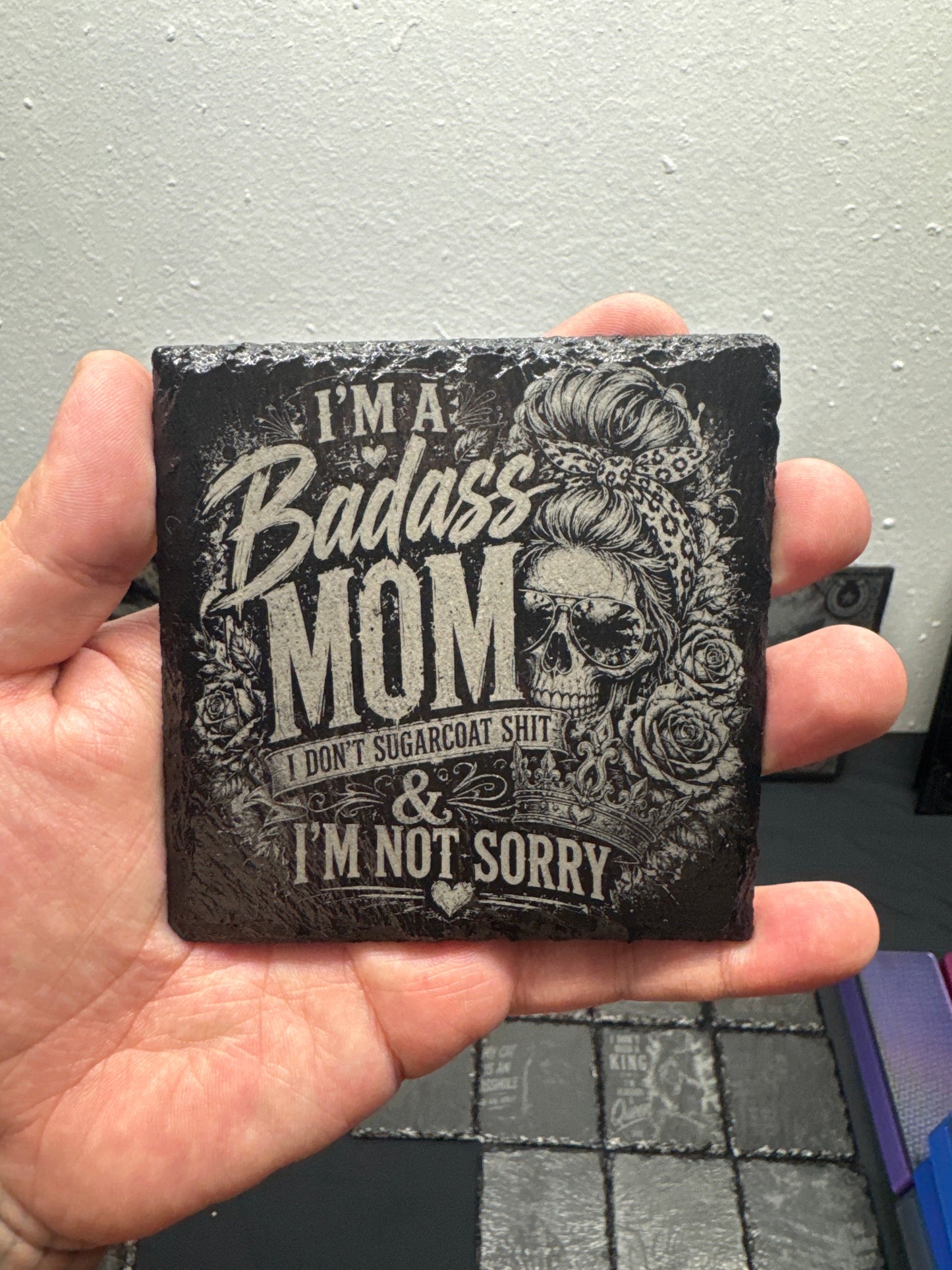 Engraved slate coaster detail shot